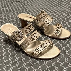 BRIGHTON Tinsel Leather Strappy High Heel Open Toe Tan Sandals SZ 9.5 M ITALY